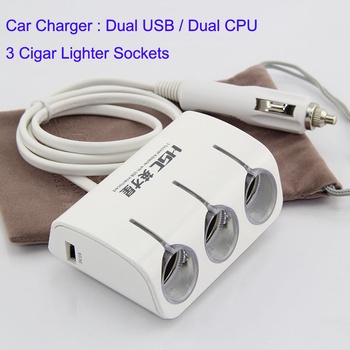 Car Charger USB Dual CPU 3 Cigar Lighter Sockets in 1 Charger 120W Ouptput Power White Light Blue
