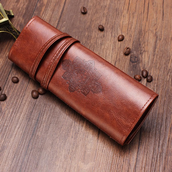 Vintage Retro Roll Leather Make Up Cosmetic Pen Pencil Bag