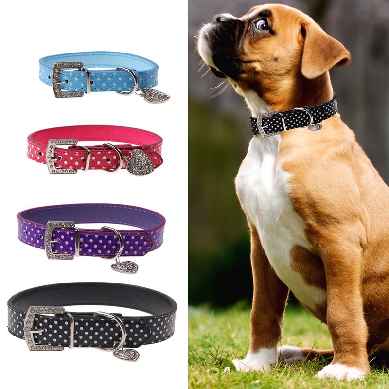 Dog Cat Pets Adjustable PU Leather Polka Dot Rhinestone Buckle Neck Strap Collar