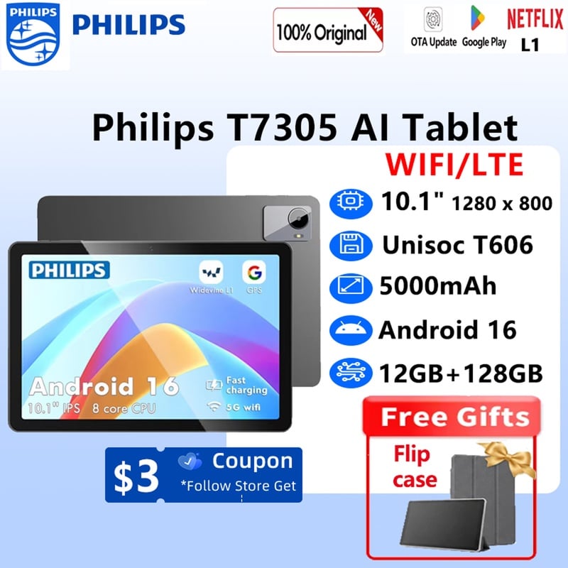 Global Version Philips T7305 AI Tablet 10.1' 12GB(+8GB Virtual RAM) 128GB 4G LTE Unisoc T606 5000mAh L1 Wifi Android 16 Tablets