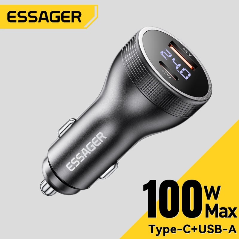 Essager 100W USB C Car Charger PD3.0 Fast Charging Digital Dispaly Quick Charge for iPhone 15pro Samsung Xiaomi MacBook Laptop