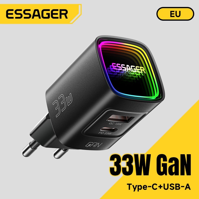 Essager GaN 33W USB Type C Charger Portable PD Fast Charger For iPhone 17 16 15 14 Pro Max iPad Xiaomi Samsung S25 RGB Charger