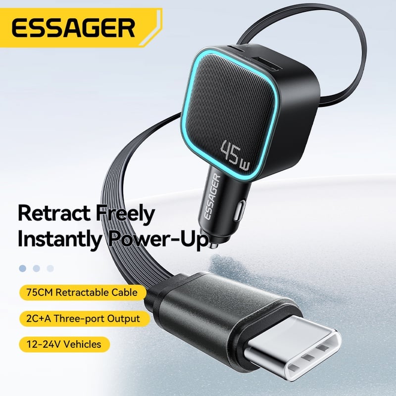 ESSAGER 45W Car Charger PD Fast Charging with Retractable 75CM Cable 3 Ports USB C & a Adapter for iPhone 17/16/15 Huawei iPad