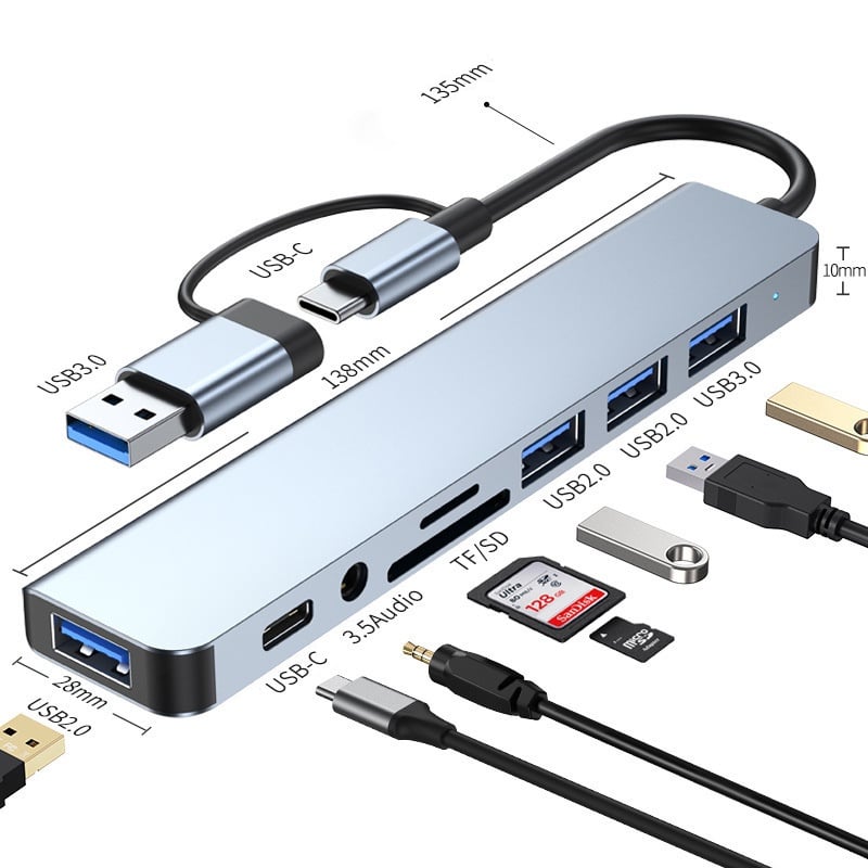 8 in 2 USB +Type C HUB Docking Station with 3.5mm Audio Jack Adapter for Micro SD Card Reader Laptop Tablet Phone Disk Converter - AliExpress 7