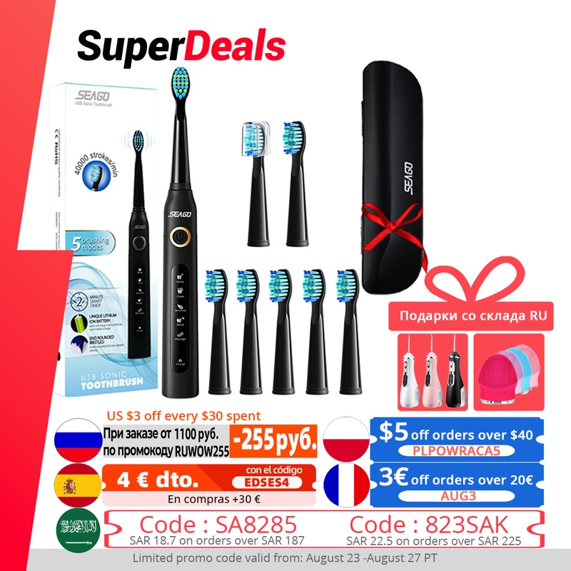 Seago Sonic Electric Toothbrush SG 507 Adult Timer Brush 5 Modes USB Charger Rechargeable Tooth Brushes Replacement Heads Set|Electric Toothbrushes| - AliExpress