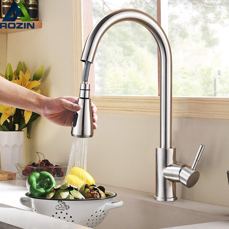 Rozin Brushed Nickel Mixer Faucet Single Hole Pull Out Spout Kitchen Sink Mixer Tap Stream Sprayer Head Chrome/Black Kitchen Tap|Kitchen Faucets|Home Improvement - AliExpress