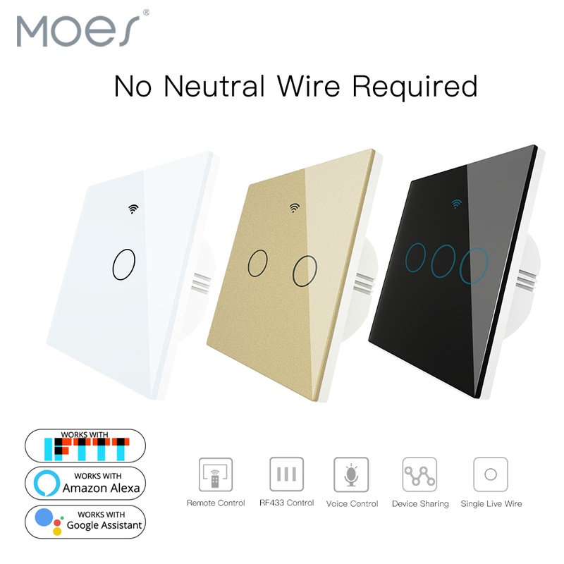 MOES WiFi RF433 Smart Touch Switch No Neutral Switch Interruptor Tuya Wireless Remote Control Single Fire Work with Alexa|Switches| - AliExpress