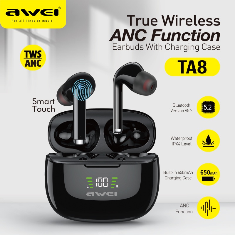 Awei TA8 ANC Bluetooth compatible 5.2 Sport Headset Noise Cancelling Type C Earbud Gamer TWS Wireless HiFi Earphone With Mic|Bluetooth Earphones & Headphones| - AliExpress