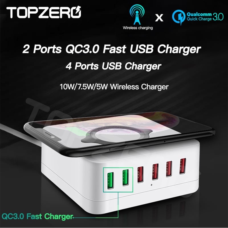 TOPZERO 72W USB Socket Charger 10W Wireless Dual QC3.0 Fast Charging Adapter 6 Ports USB Charger For iPhone Samsung Xiaomi|Mobile Phone Chargers| - AliExpress