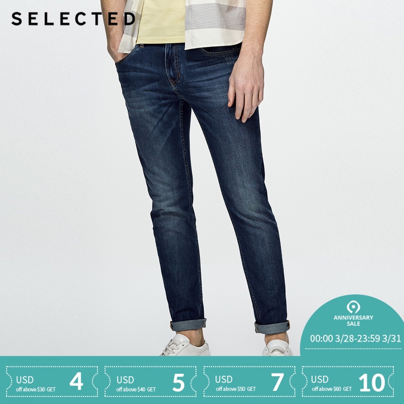 SELECTED Cotton-blend slim faded and washed jean pants C|418232519