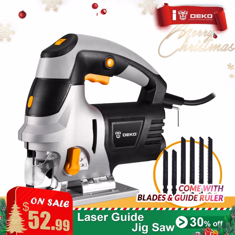 DEKO 800W Jig Saw Laser Guide 6 Variable Speed Electric Saw with 6 Pieces Blades, Metal Ruler, Allen Wrench Jigsaw Power Tools