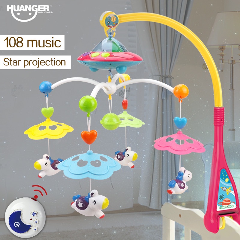 Huanger Musical Crib Mobile Bed Bell Baby Rattle Rotating Bracket Projecting Toys for 0-12 Months Newborn Kids Christening gift