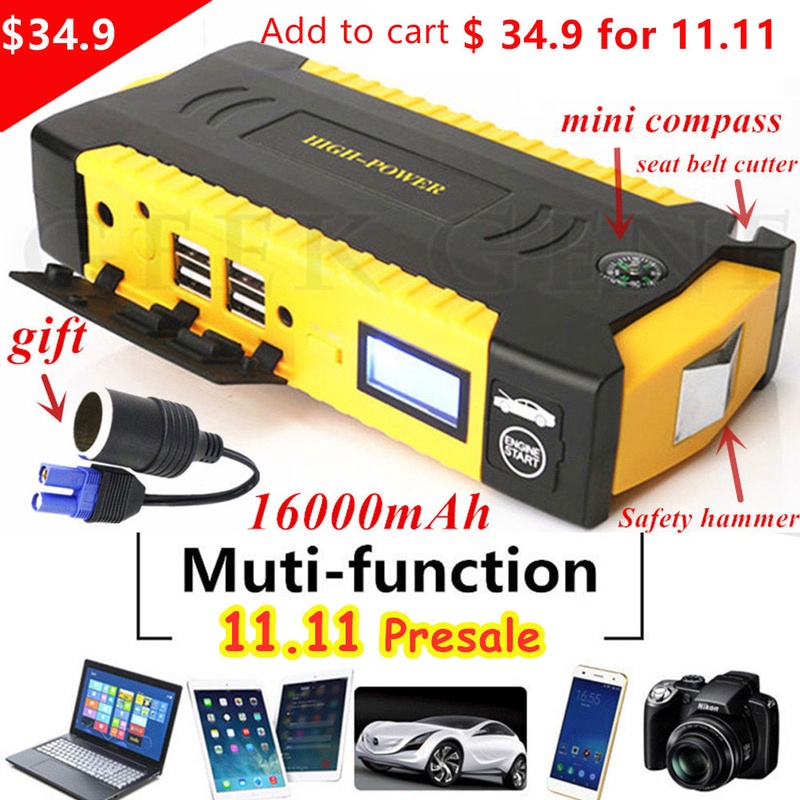 High Capacity 16000mAh Car Jump Starte 600A 12V Portable Power Bank Car Starter For Car Battery  Booster Charger Starting Device