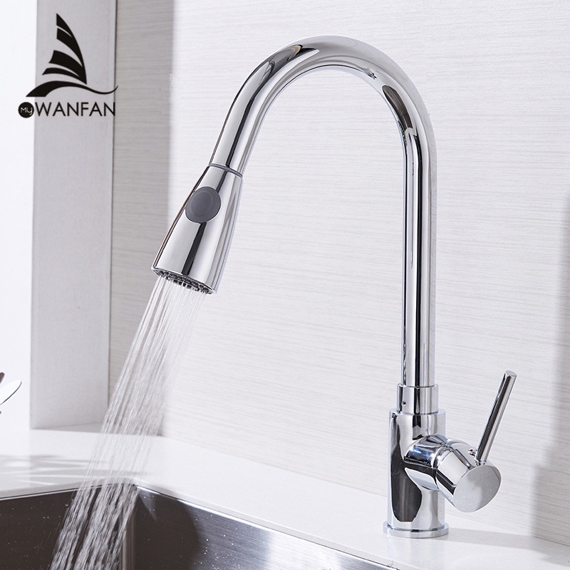 Silver Single Handle Kitchen Faucet Mixer Pull Out Kitchen Tap Single Hole 360 Rotate Copper Chrome Swivel Sink Mixer Tap 408906