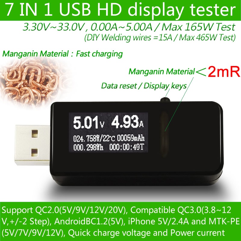 7 in 1 USB tester DC Digital voltmeter amperimetro current voltage meter amp volt ammeter detector power bank charger indicator