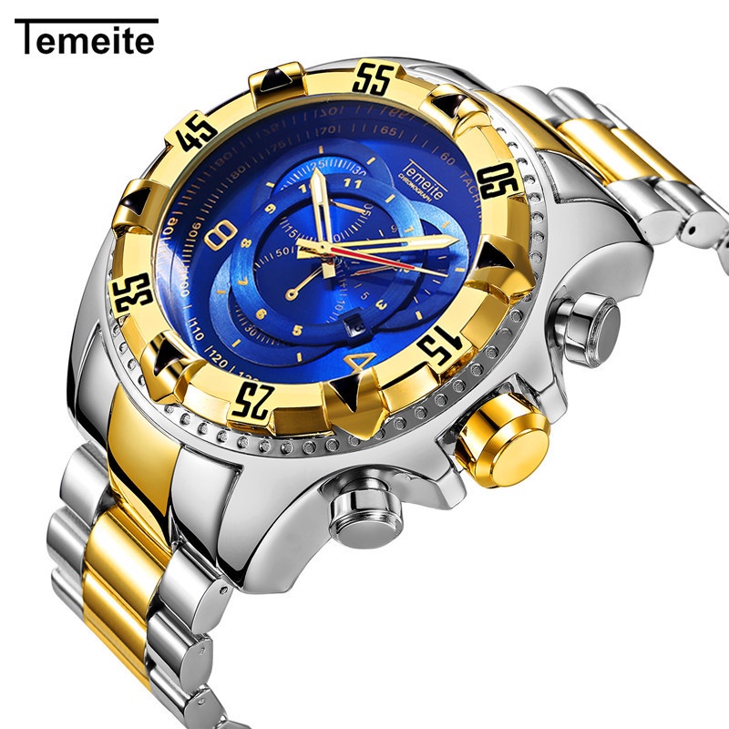 Temeite Gold Men Watch Top Brand Luxury Quartz Wristwatch Big Dial Stainless Steel Watches Male Fashion Sport Relogio Masculino