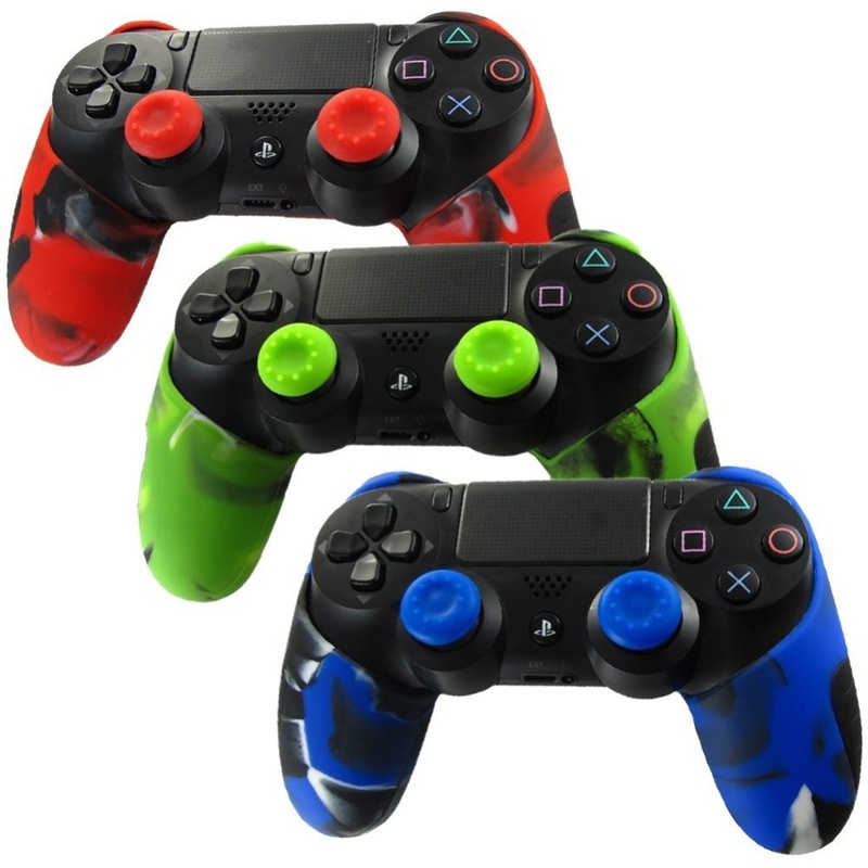 Camouflage Soft Silicone Rubber Case Thicker Skin Protective Cover for PS4 Controller (Camou skin X 1 + Thumb Grip X 2)