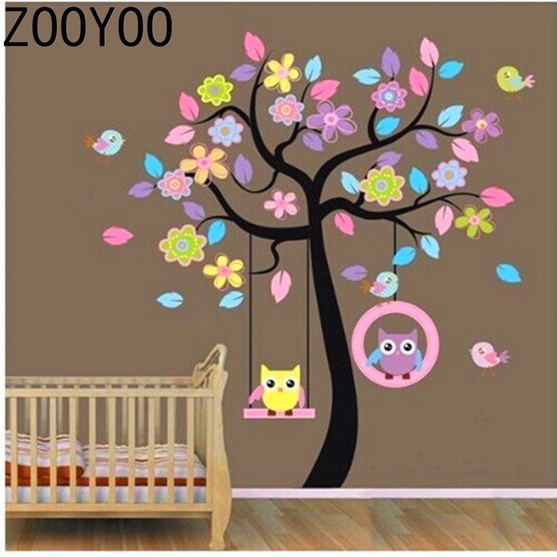 ZOOYOO  Kids Rooms  Owl Bird Tree Swing  XLarge Wall Stickers for  Home Decor kids Children  Baby Roomswall sticker