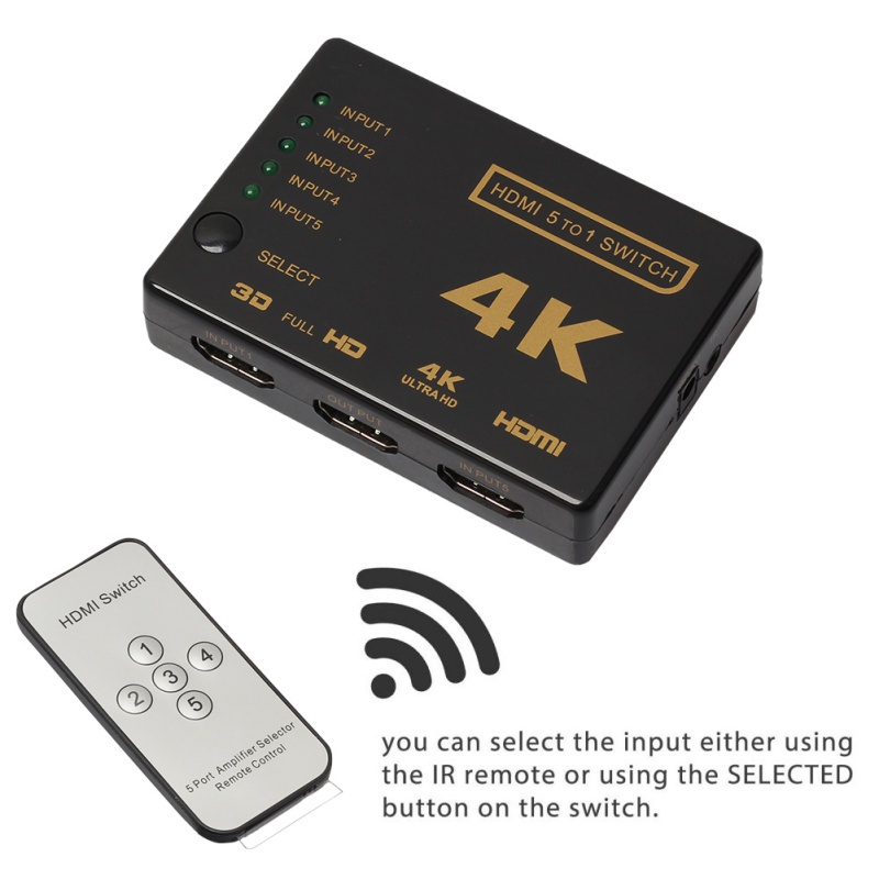 1Set Mini HDMI Switcher 3D 1080p 5 Port 4K HDMI Switch Selector Splitter With Hub IR Remote For HDTV DVD NEW