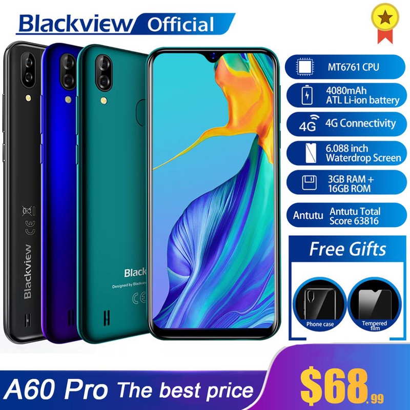 Blackview A60 פרו Smartphone MTK6761 Quad Core אנדרואיד 9.0 4080 mAh נייד 3 GB + 16 GB ואטארדרוף מסך פנים מזהה 4G נייד טלפון