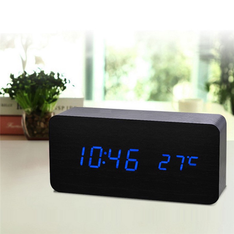 Digital LED Alarm Clock Sound Voice Control Light Digital LED Time Humidity Display Wooden Alarm Clock Electronic Clocks Desk