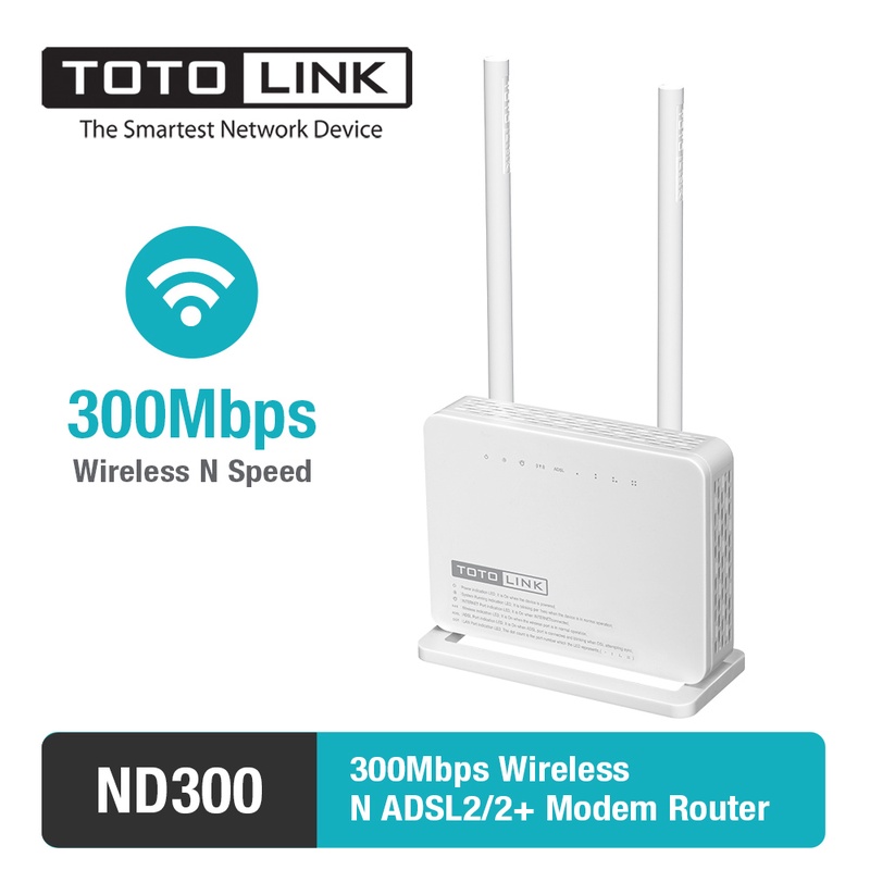 TOTOLINK ND300 Multi-functional Wireless N 300Mbps ADSL 2+ Modem WiFi Router&with; 2 x 5dBi High Gain Antenna- Portuguese version
