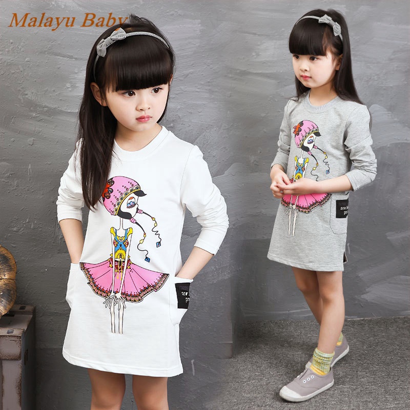 Malayu Baby New fall 2016 European & American girls shirt, girl cartoon printed mini dress, round neck long-sleeved cotton