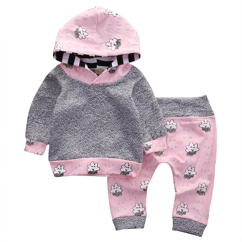 Pink Newborn Baby Girl Clothes Cute Smile Cloud Bebes Hooded Top Pant 2pcs Autumn Winter Suit Bebek Giyim Clothing Set