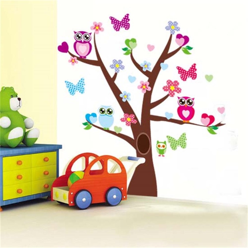 wise owls butterflies on colorful tree wall stickers for kids rooms 1006 decorative Nursery Home Decor pvc  wall decal