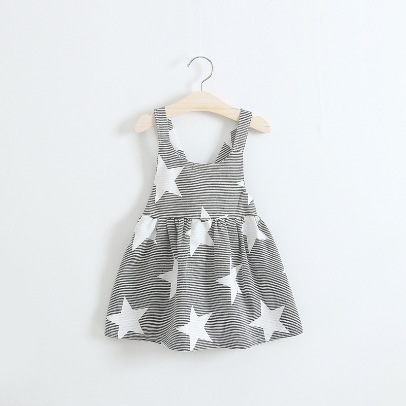 Girl Summer Dresses Children Strip Star Print Princess Blackless Cotton Dress 2016 Baby Kids Clothing