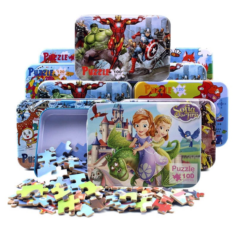 100pcs/set Wooden Puzzle with Iron Box Cartoon 3D Wood Puzzle Jigsaw wood toys for Children Early Educational Montessori Toys