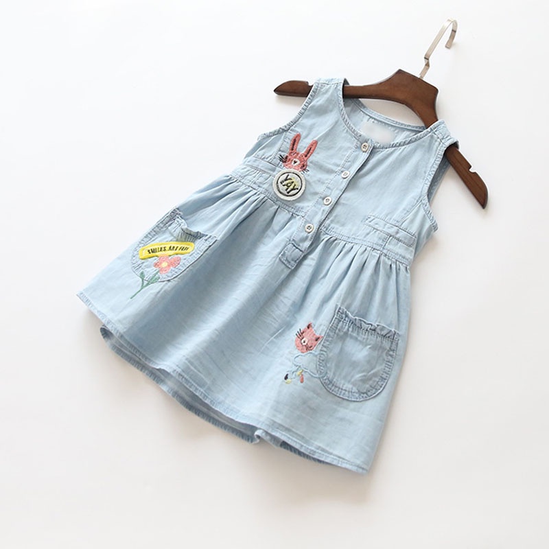 New summer rabbit flower embroidery girls denim vest dress European and American style button-soft and comfortable child dresses