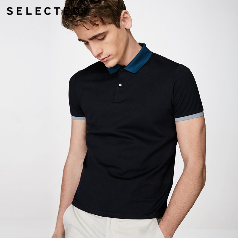 SELECTED summer new men's mercerized cotton color matching lapel  T-shirt S|41823Z521