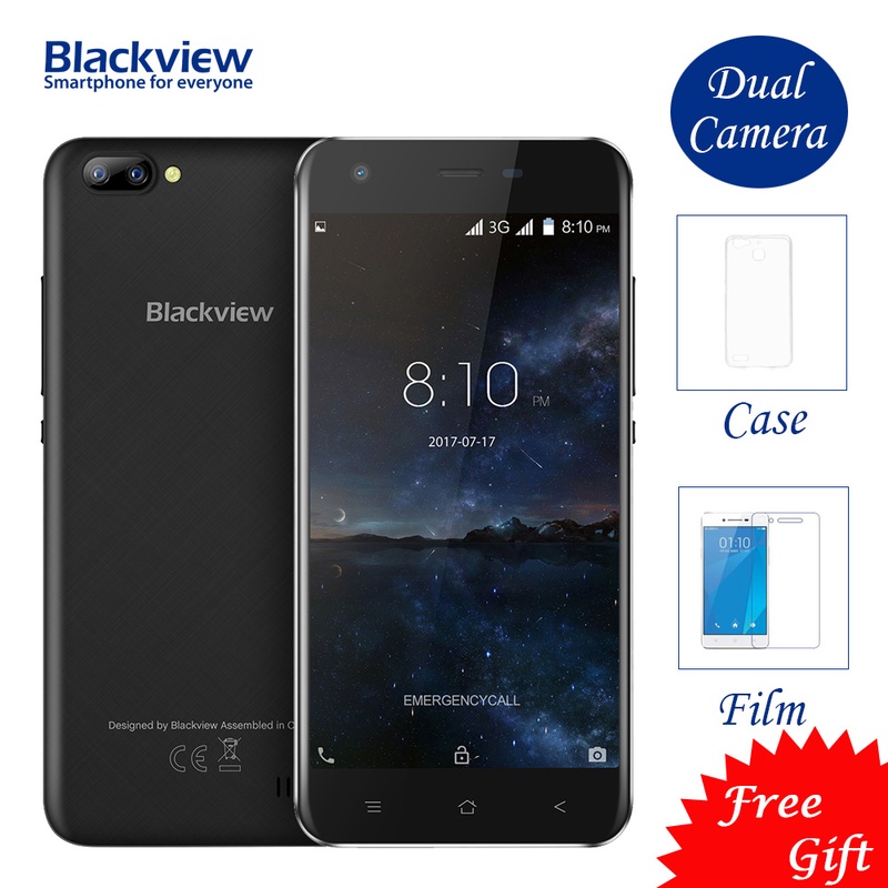 Blackview A7 5.0 Inch 3G Quad Core Smartphone MTK6580A 1.3GHz 1GB + 8GB 2500mAh 2SIM/Dual-Bands Android 7.0 Mobile Phone