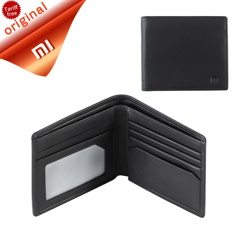 Original Smart Xiaomi Wallet Genuine Leather Black Purse Man Stylish Business Cowhide Double Fold Standard Wallets Holder Mi