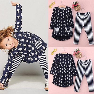 New Girls Clothes Fashion Cute Kids Cartoon Rabbit Print Pocket Dress and Striped Leggings 2pcs Children Set