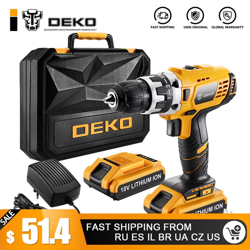 DEKO GCD18DU2 Electric Screwdriver Cordless Drill Wireless Power Driver 18-Volt DC Lithium-Ion Battery 1/2-Inch 2-Speed