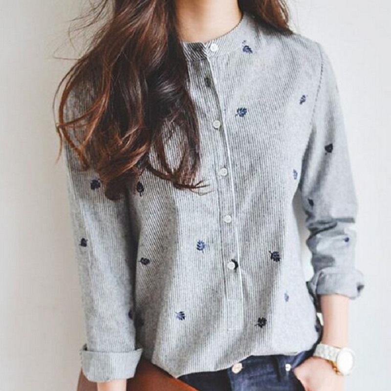 Autumn Leaves Embroidery Long Sleeve Women Blouses And Shirts Female Ladies Casual Shirt Tops Striped Plus Size Blusas Blouse