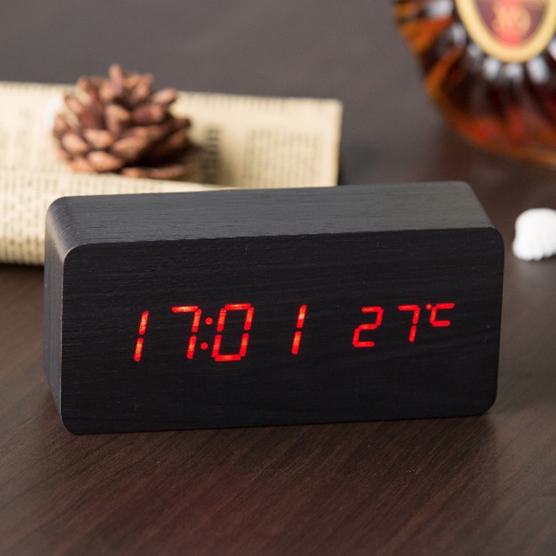 Practical Wooden LED Alarm Clock Display Date+Time+Celsius/Fahrenheit Temperature Sound Control Function Table Desktop Clocks