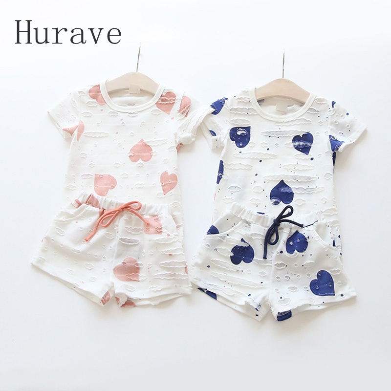 Hurave Casual Kids Clothing Baby Girls Clothes Sets Summer Heart Printed Girl Tops Shirts + Shorts Suits Children's Clothing