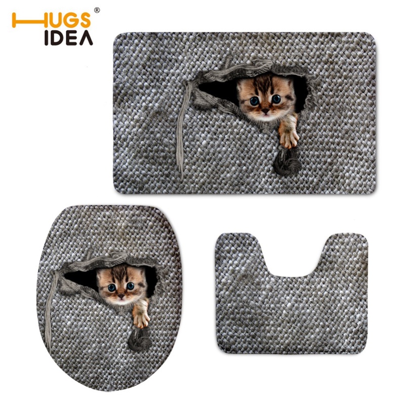 HUGSIDEA 3D Cute Animal Cat Owl Printed Toilet Seat Cover Mat 3 Piece Set Warmer Soft Bathroom Carpet Toilet Accessories Set