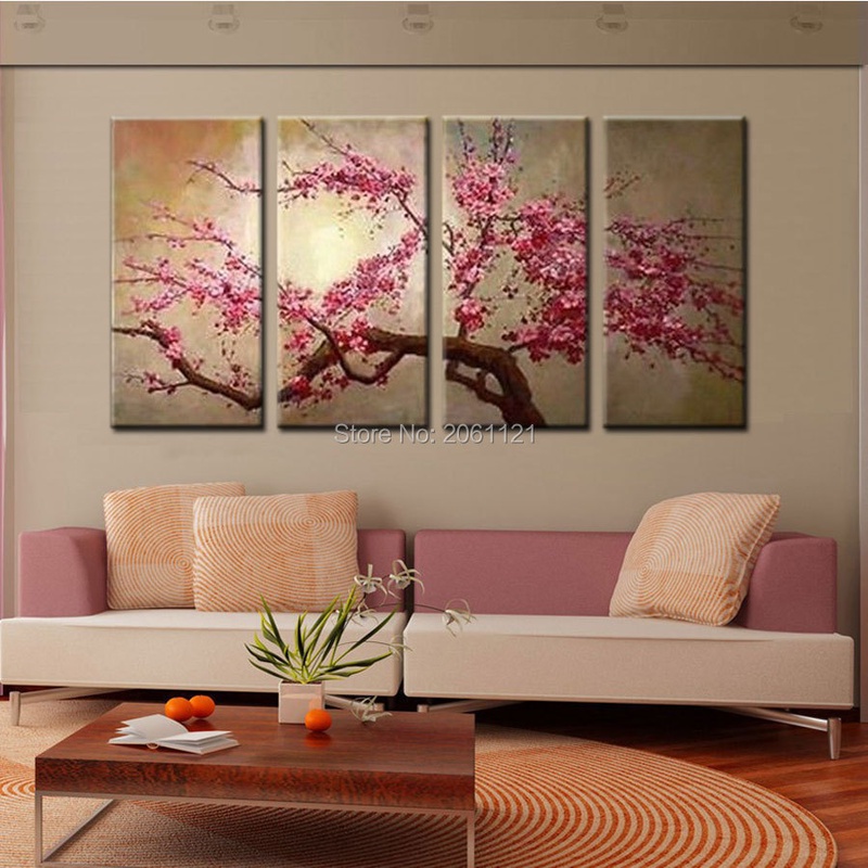 hand painted pink tree flower oil painting on canvas sakura blooming Cherry blossom chinese japan wall pictures for living room