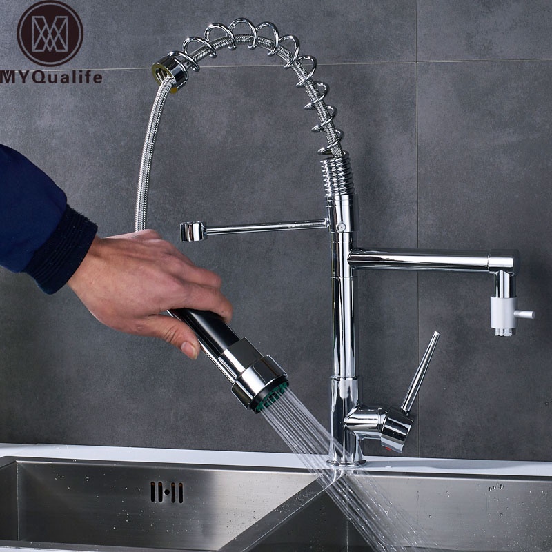 Chrome Finish Dual Spout Kitchen Sink Faucet Deck Mount Spring Kitchen Mixer Tap Kitchen Hot and Cold Water tap