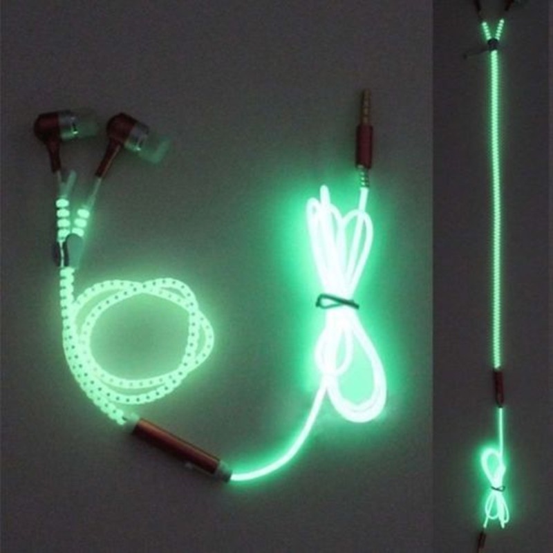 Glow In The Dark  Metal Earphones Earbuds With Mic Glowing Zipper Green Headset Luminous Lighting Stereo Handsfree earpiece