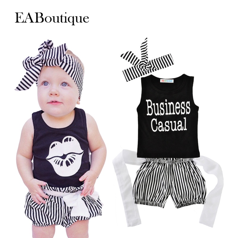 EABoutique 2017 new fashion Lip pattern letter printed baby girl clothes set with striped pp pants headband