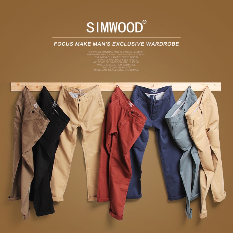 Simwood Brand Autumn Winter  New Fashion 2017 Slim Straight Men Casual Pants 100% Pure Cotton Man Trousers Plus Size KX6033
