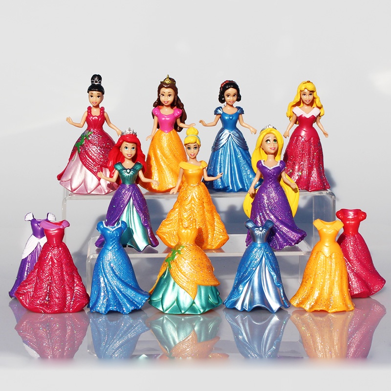 14pcs/set Princess Play Set Snow White Ariel Belle Rapunzel Aurora PVC Action Figures Toys Dolls Dress Clothes Changeable