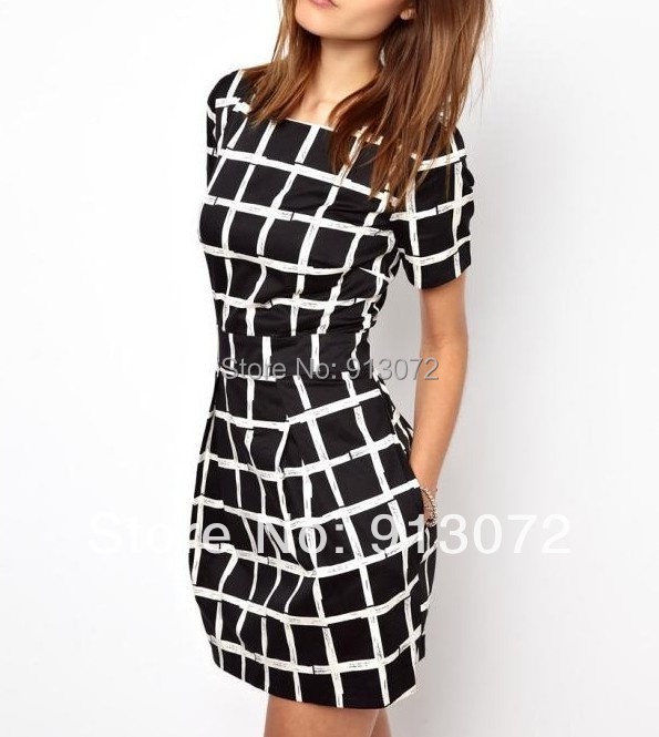 Women Elegant plaid pattern Dress vintage O Neck short sleeve casual Vestido feminina Europen plus size club dress QZ931