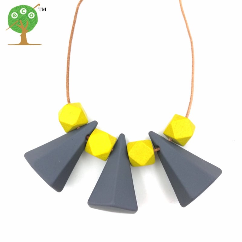 punk chunky wood geometric necklace pendant painted cone bead On leather cord yellow grey statement resin NW132