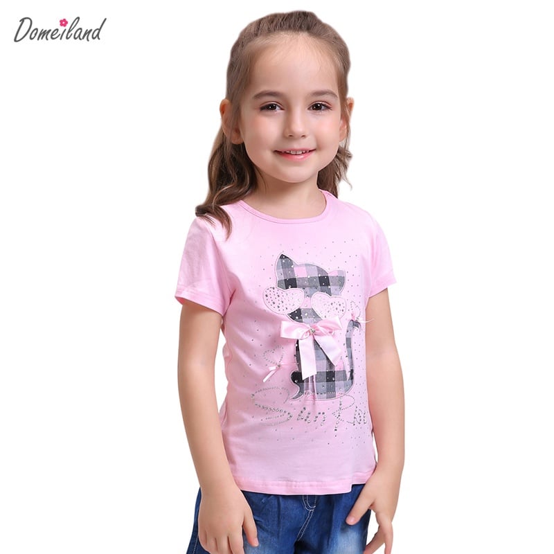 2017 fashion summer children brand domeiland clothing for kids girl short sleeve print cat cotton tee shirts tops baby clothes
